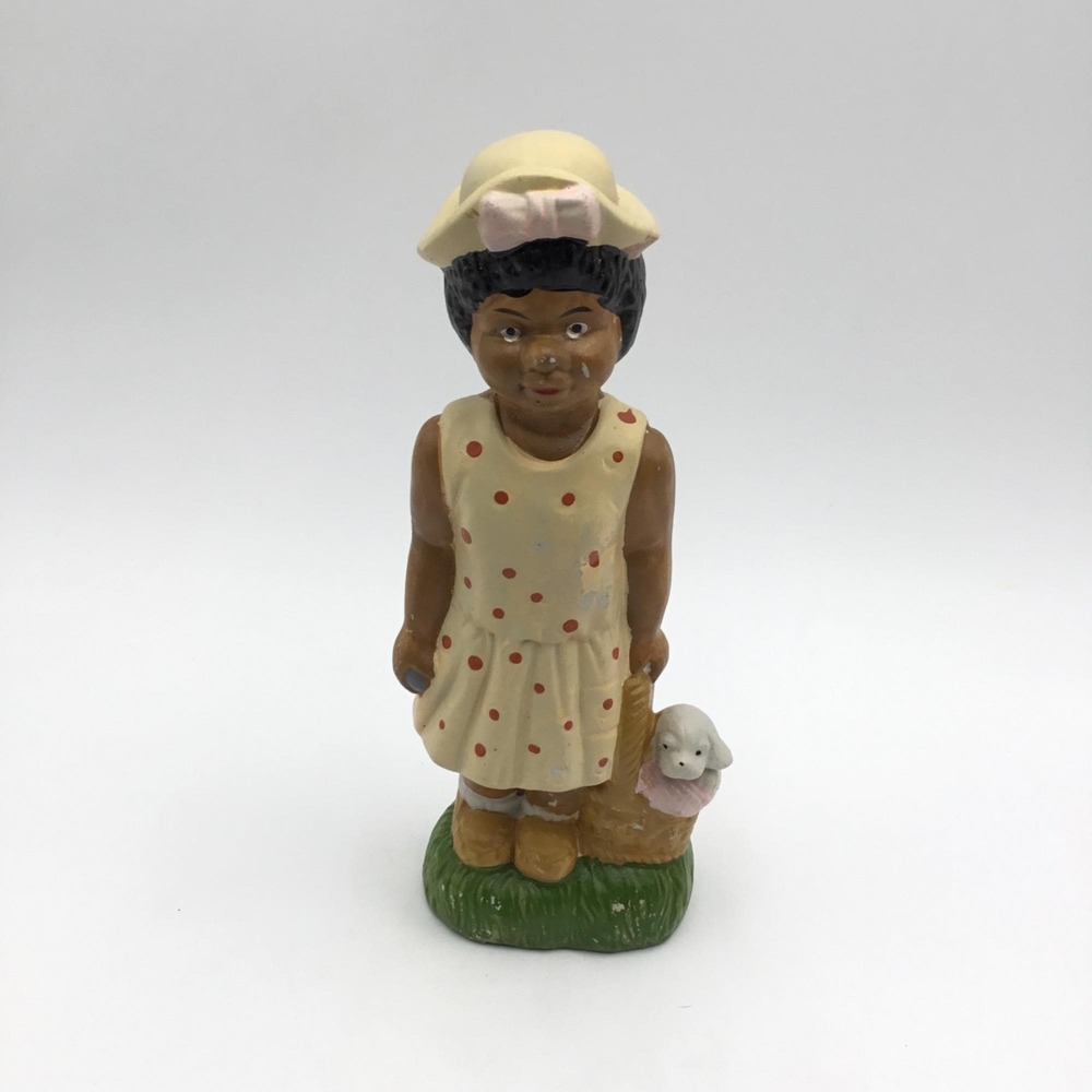 Vintage Hand-Painted Ceramic Figurine Of Girl In Polka Dot Dress With Hat & Lamb